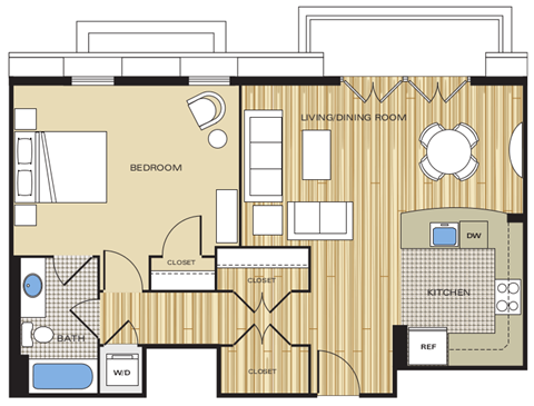 1 Bed1 Bath 705sf b Floor Plan at Clayborne Apartments, Alexandria, 22314